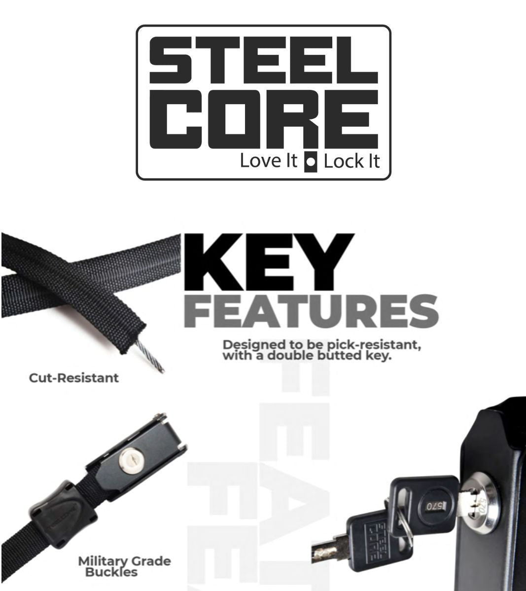 Steelcore Soft Chain, SCB-8, locking straps, locks, security, steelcore, Accessories - Steelcore Theft Resistant Locking Security Straps are ideal for securing your assets including bikes, motorcycles, surfboards, coolers, sporting goods, tools, and more. - Imported and distributed in North &amp; South America by Lindeco Genuine Powersports.